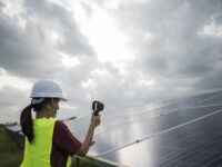 Engineer electric woman checking and maintenance of panasonic solar panel.