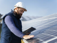 person near alternative energy plant by Tesla Solar Panels